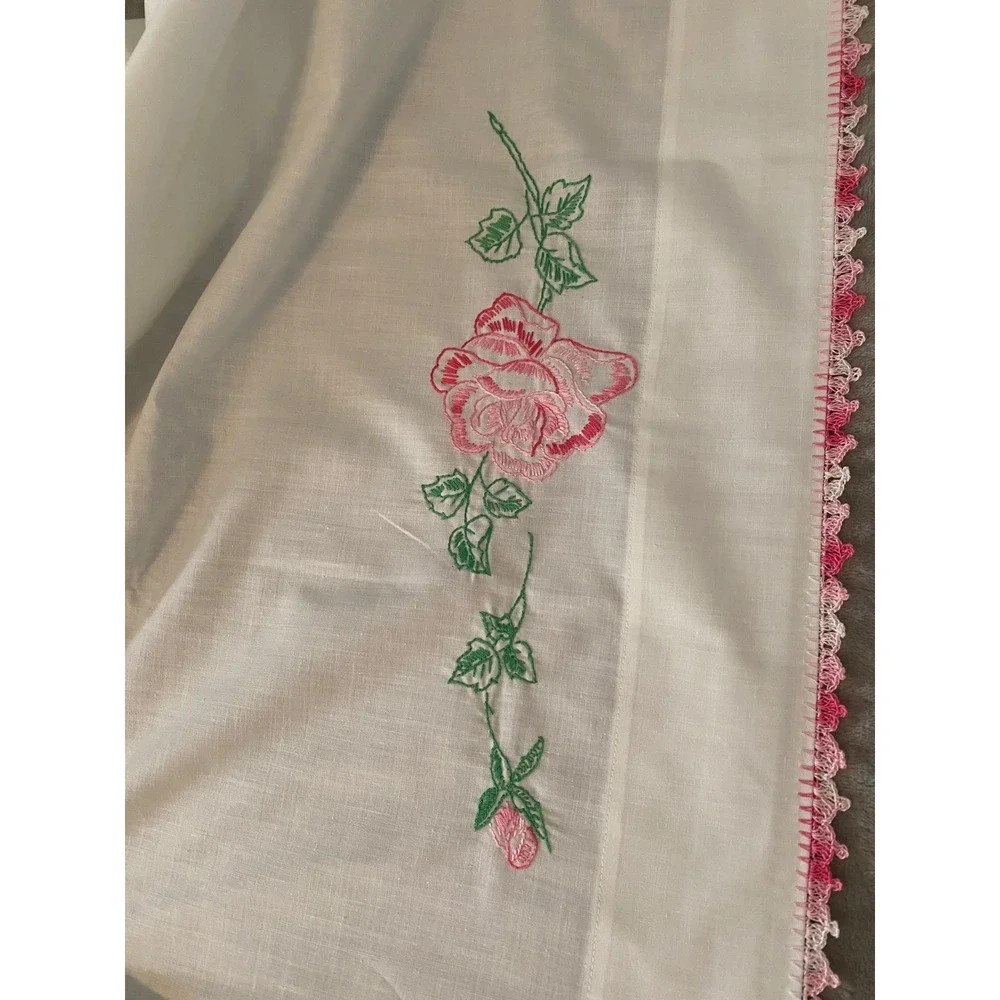 First Lady Sheet Set Full White Pink Rose Embroidered Crochet Trim VTG Muslin